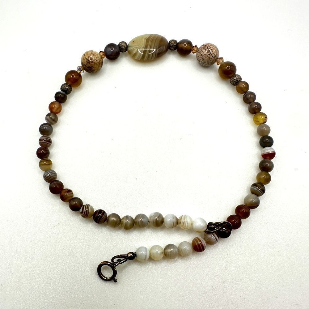 10" Botswana Agate, Jasper, crystal bi-cone beads, 925 clasp,‎ anklet!